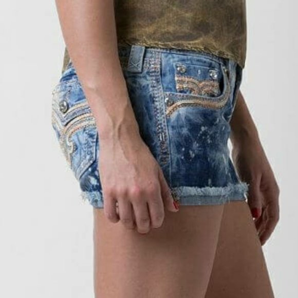 🤘ROCK REVIVAL🎸 KIRA ACID WASH EMBELLISHED EMBROIDERED SHORTS 28 - Picture 11 of 16